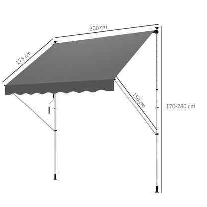 Outsunny Toldo Manual Retráctil 300x150x170-280 Cm Con Altura Ajustable Gris_2