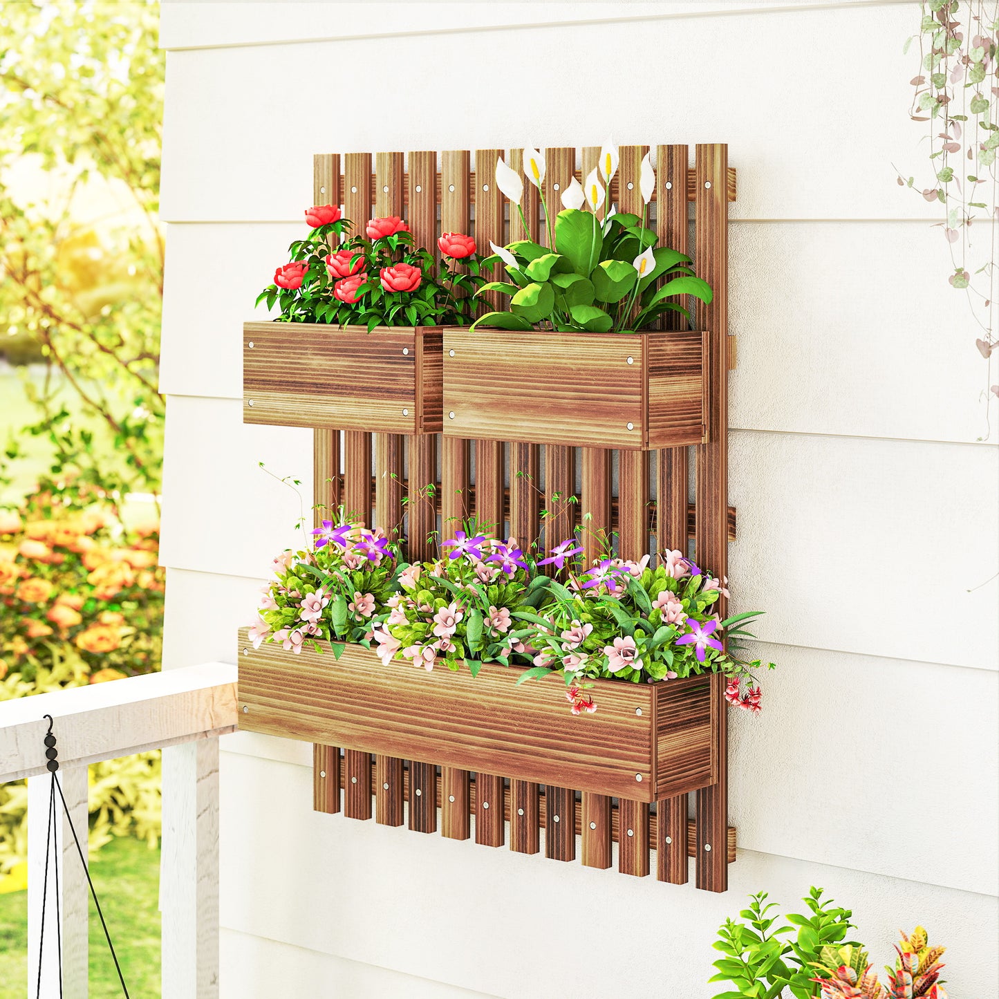 Outsunny Jardinera De Pared Con Enrejado De Madera 3 Macetas Móviles 60x16x80 Cm_1