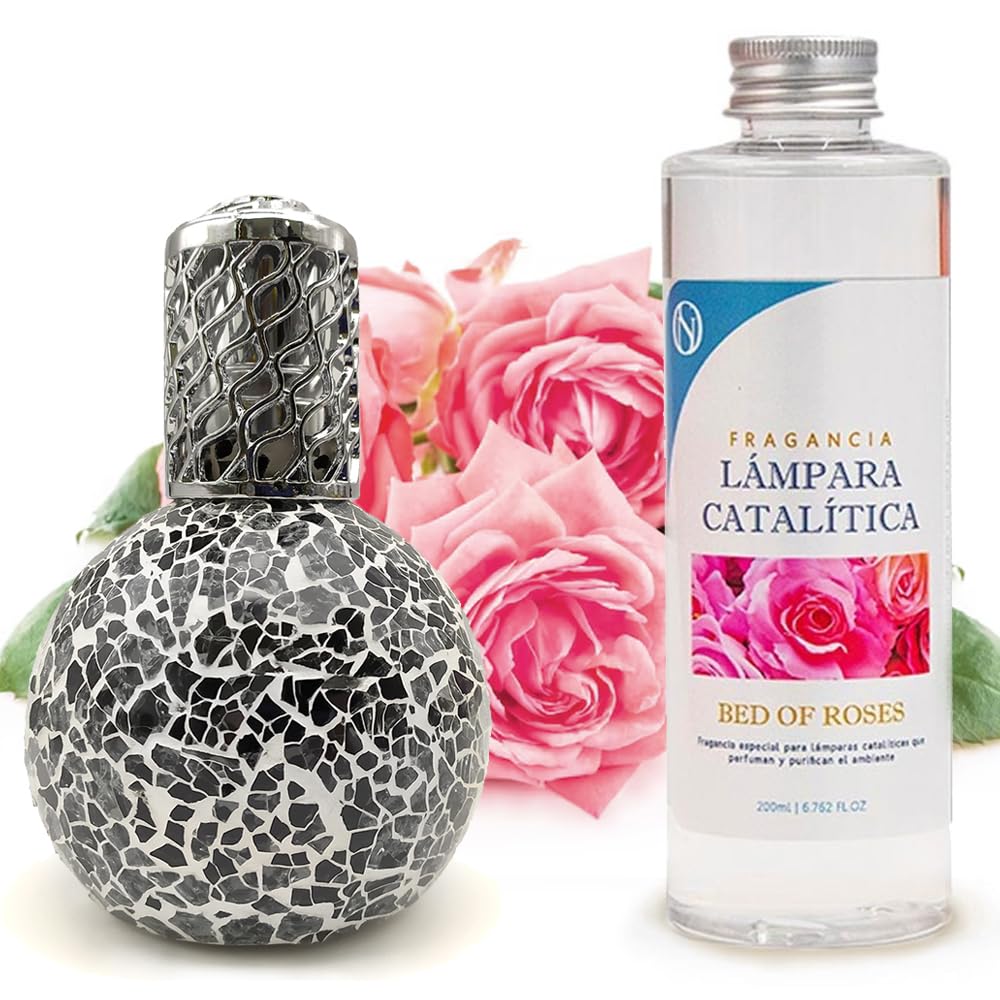 Lámpara Catalítica Mosaico Negro + Fragancia Bed Of Roses 500ml - Elimina Malos Olores, Impurezas Y Perfuma_0