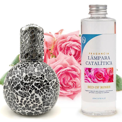Lámpara Catalítica Mosaico Negro + Fragancia Aroma Bed Of Roses 200ml - Elimina Malos Olores, Impurezas Y Perfuma_0