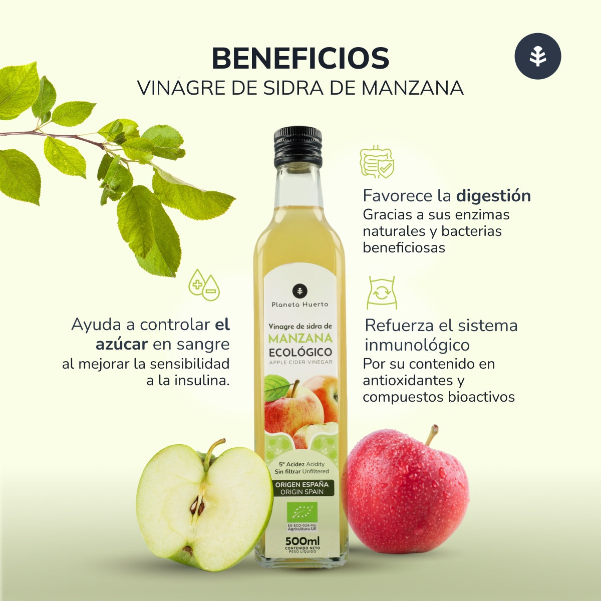Embalagem de 6 vinagres de maçã não filtrados da Planeta Huerto, 500 ml.