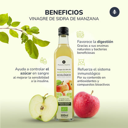 Embalagem de 3 vinagres de maçã não filtrados da Planeta Huerto, 500 ml.