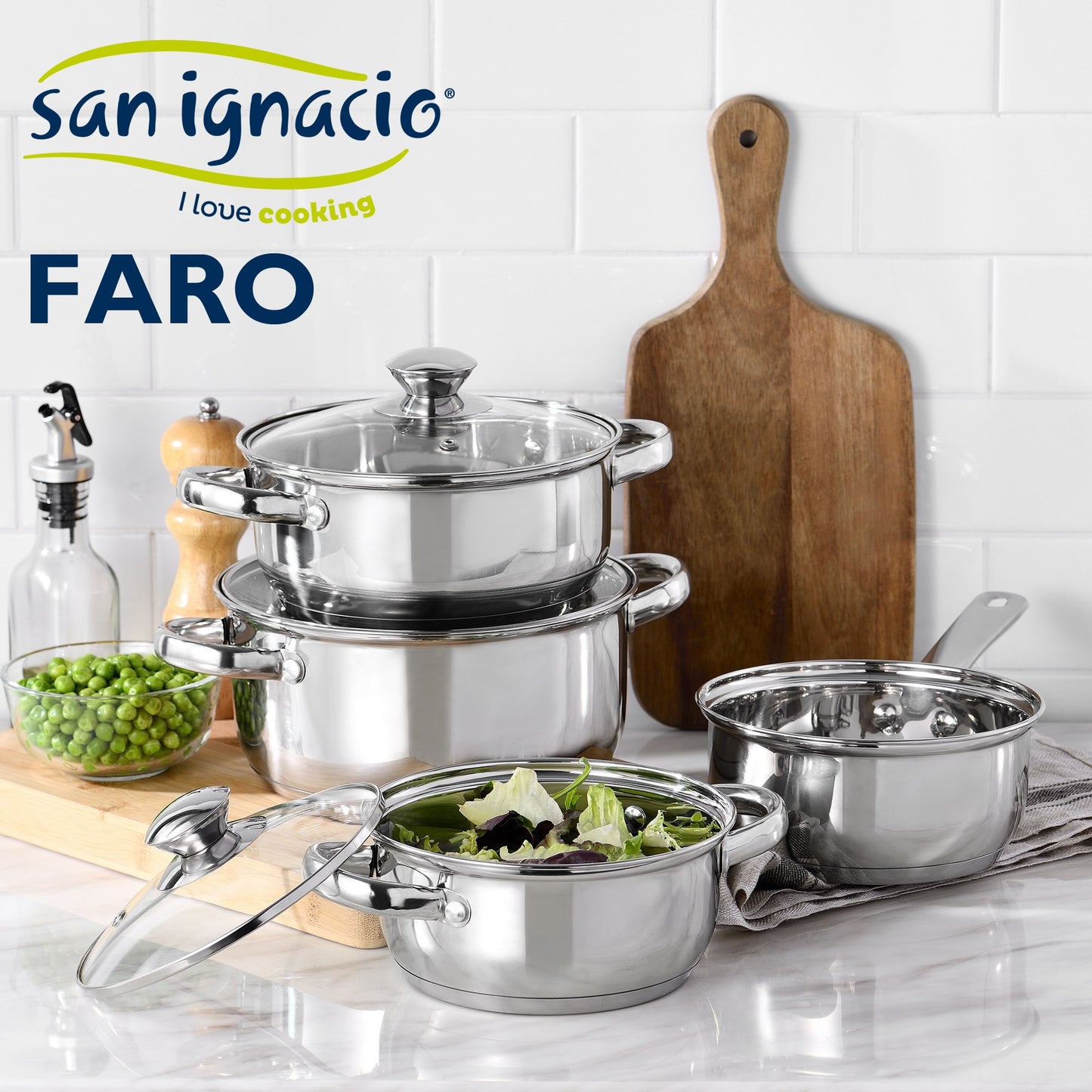 Pack De 3 Sartenes San Ignacio  Ø16cm Ø20cm Ø24cm + Batería De Cocina De 7 Piezas En Acero Inoxidable