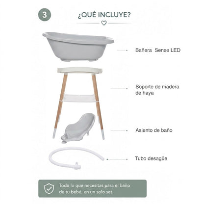 Bebe-jou Set Sense Bañera Led Gris + Soporte Sense + Hamaca Baño + Tubo Desagüe_3