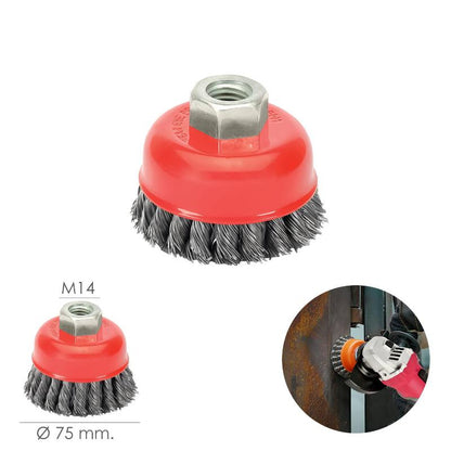 Cepillo Taza Con Alambre De Acero Trenzado Rosca M14, Ø 75 Mm. Alambre De Ø 0,50 Mm.