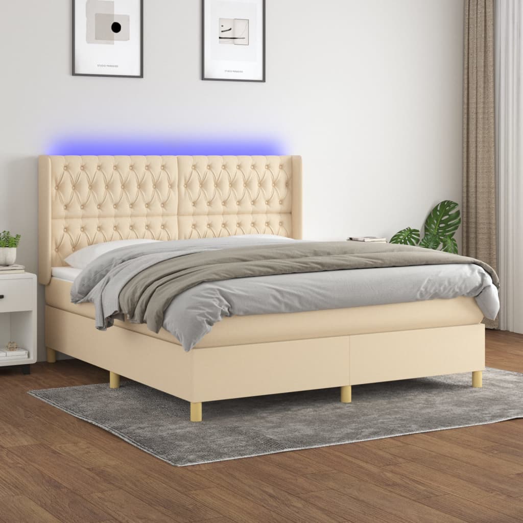 Cama Box Spring Colchón Y Luces Led Tela Crema 180x200 Cm / Vetonek_4