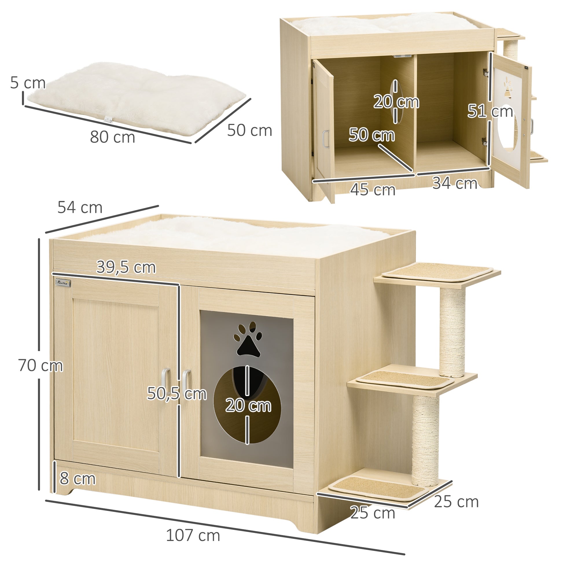 Pawhut Arenero Para Gatos De Madera Con 2 Puertas Cama Cojín Suave 107x54x70 Cm_2