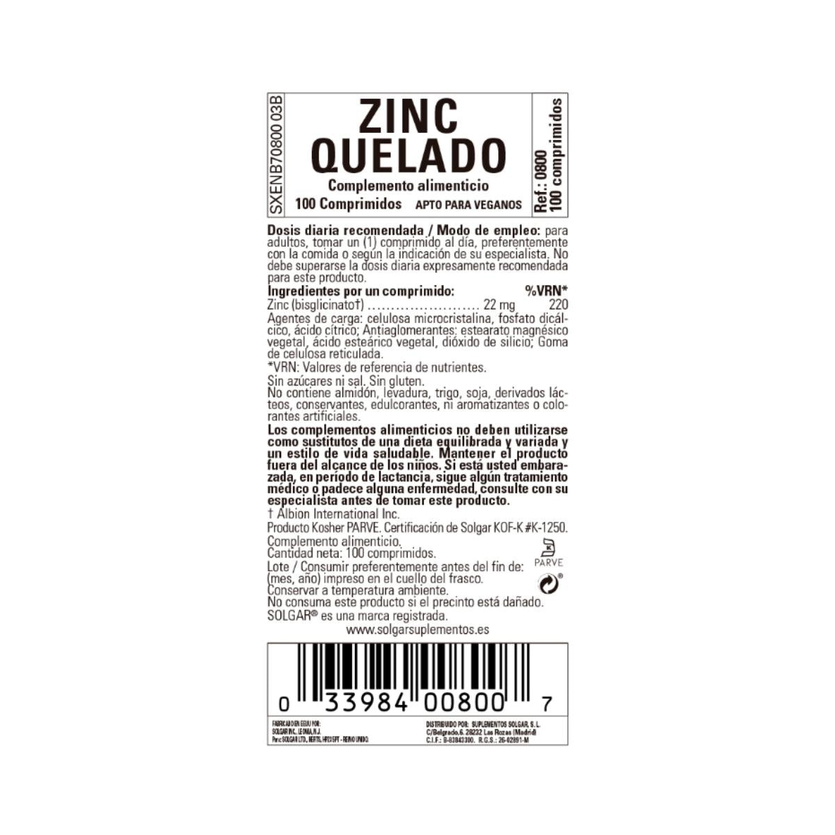 Embalagem 2x Zinco Quelatado, 100 comprimidos de 22mg