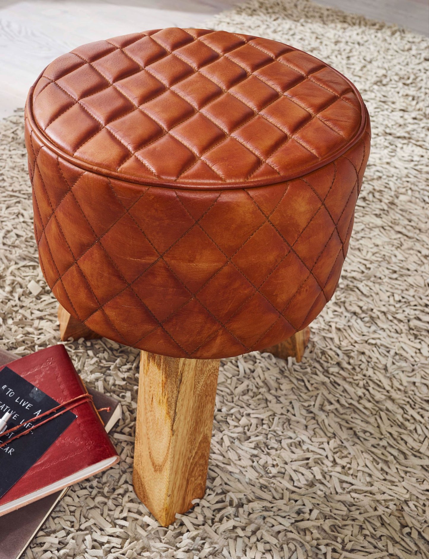 Taburete Cuero Y Madera Maciza 35x46x35 Cm_4