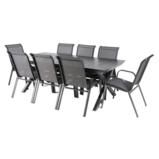 Conjunto De Exterior, Mesa Jardín Extensible 215/295 Cm Y 8 Sillones Apilables Con Respaldo De 98 Cm, Aluminio Color Antracita, 8 Plazas_0