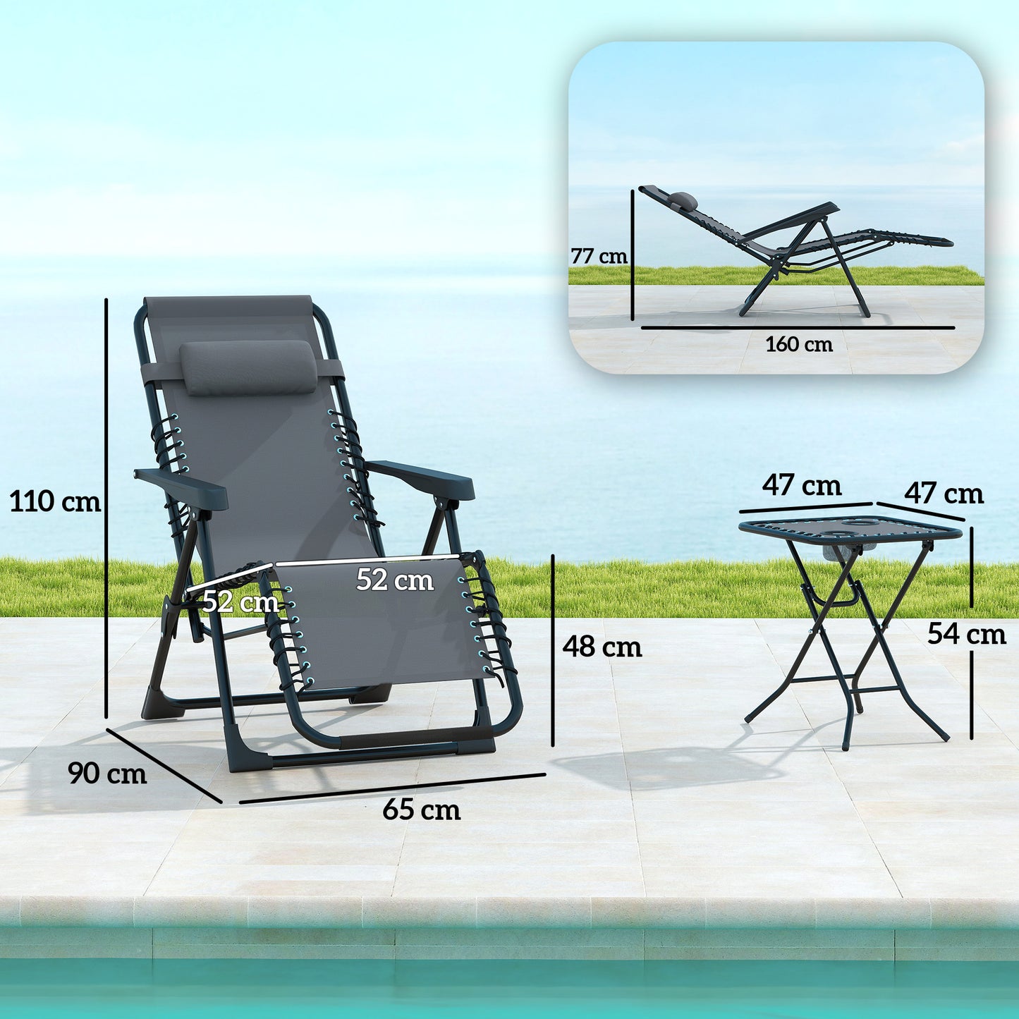 Outsunny Set De 2 Tumbonas Jardín Exterior Con Mesa Auxiliar Reposabrazos Gris_2