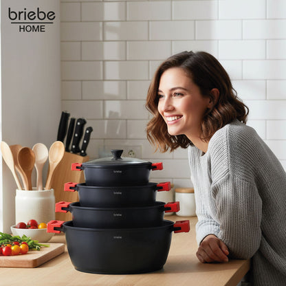 Briebe Batería Cocina Inducción Antiadherente Titanio, 8 Piezas Aluminio Fundido 4 Ollas Sin Pfoa Tapa, Blackt4, Negro_1