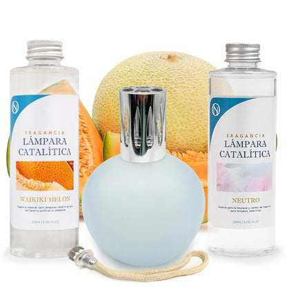 Pack Lámpara Catalítica Azul Grisáceo Mate + Fragancia Waikiki Melon 200ml + Limpiador Neutro 200ml + Mecha Repuesto_0