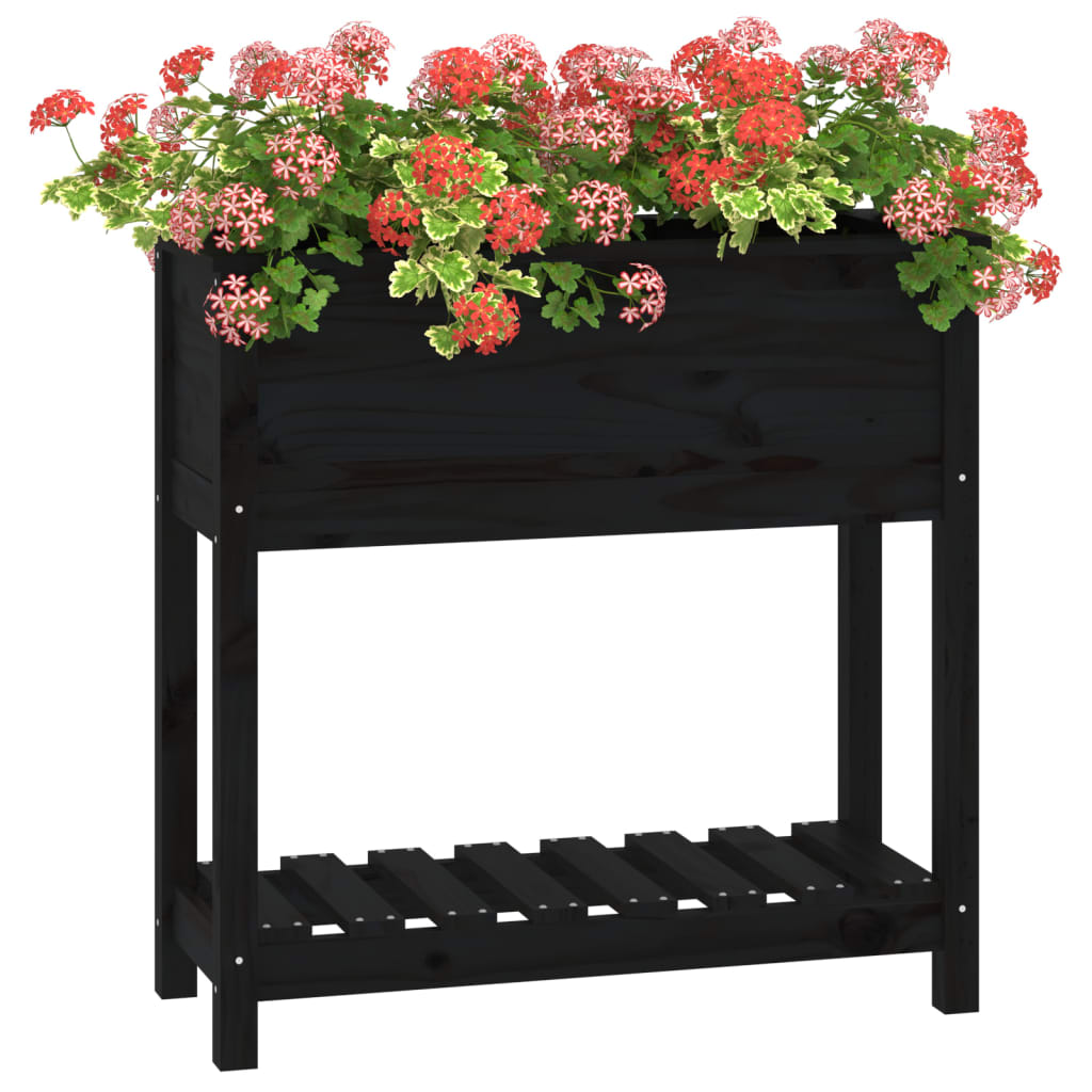 Jardinera Con Estante Madera Maciza Pino Negro 82,5x34,5x81 Cm_3