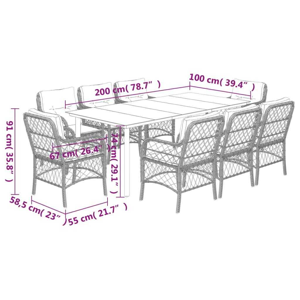 Set Comedor De Jardín 9 Pzas Cojines Ratán Sintético Gris Claro / Vetonek_4
