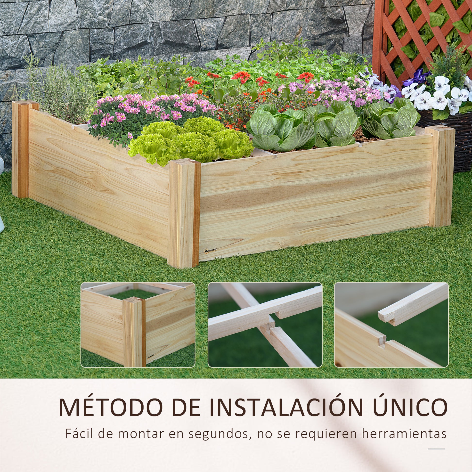 Outsunny Huerto Urbano Madera Cuadrada Para Cultivos Plantas Flores 90x90x28cm_5