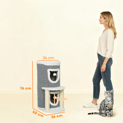 Pawhut Árbol Rascador Para Gatos 76 Cm Con Cama 2 Cuevas Postes Alfombra Gris_2