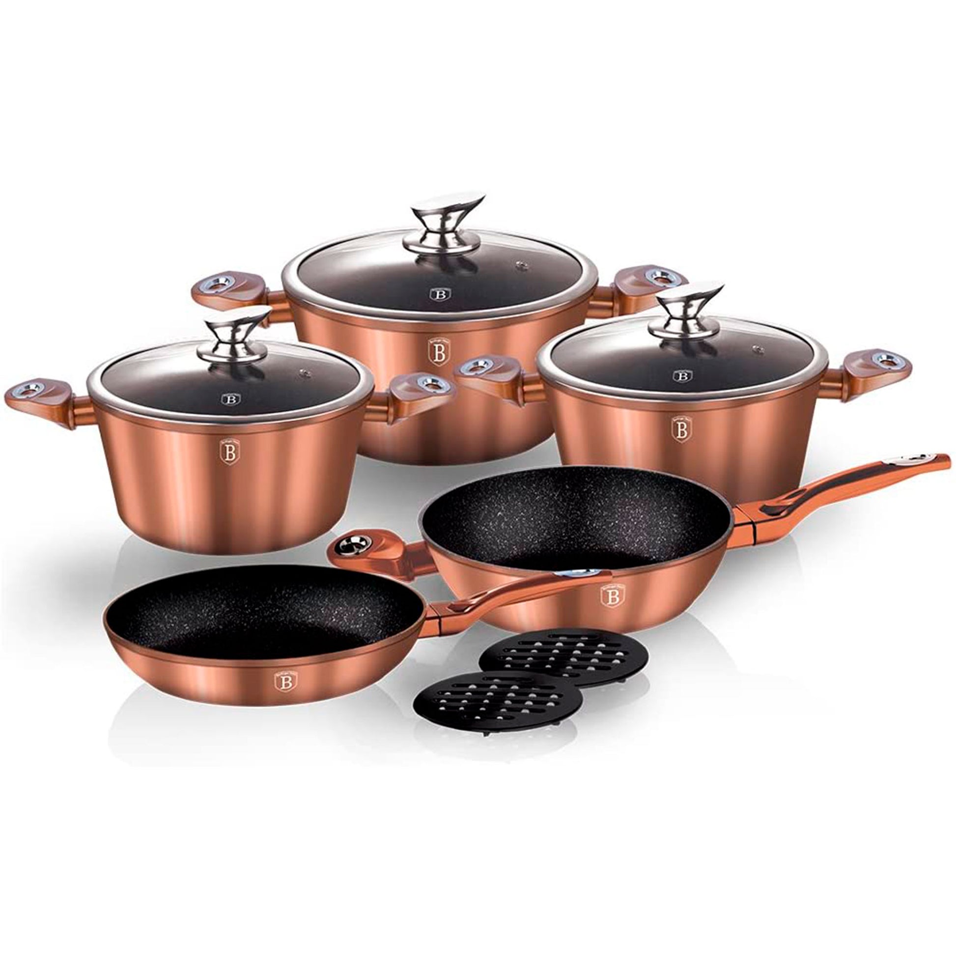 Batería Cocina Inducción 10 Piezas, Antiadherente Mármol Sin Pfoa, Aluminio, Cazuelas Sartenes Berlinger Haus Rose Gold Oro Rosado_4