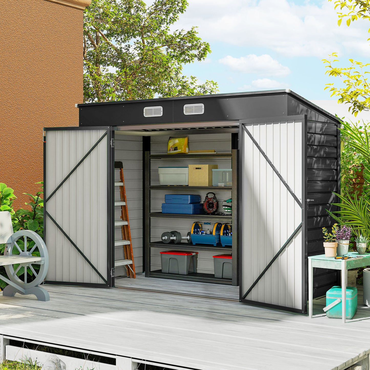 Outsunny Caseta De Jardín Exterior 2,7m² 249x121x183 Cm Con Doble Puerta Gris_1