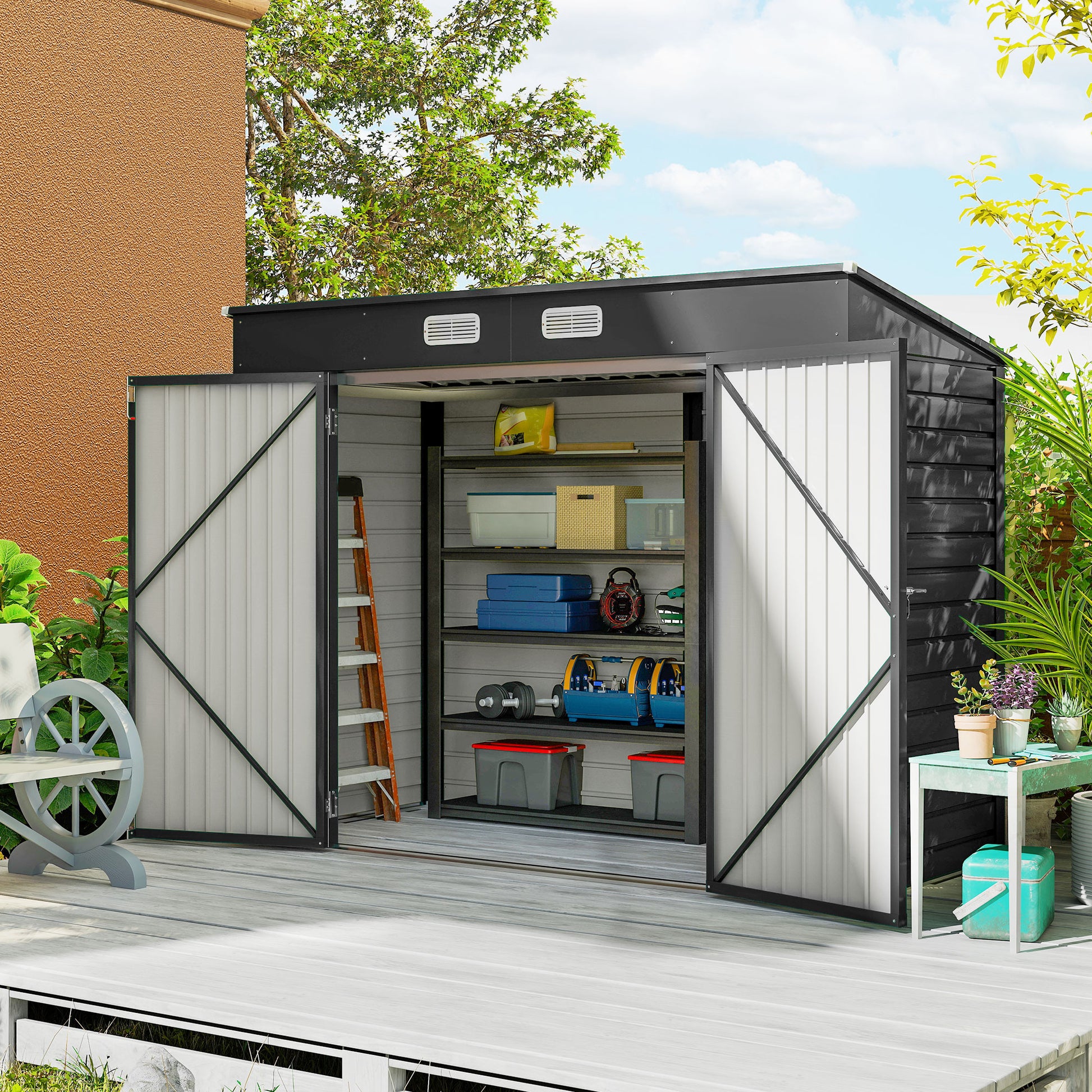 Outsunny Caseta De Jardín Exterior 2,7m² 249x121x183 Cm Con Doble Puerta Gris_1
