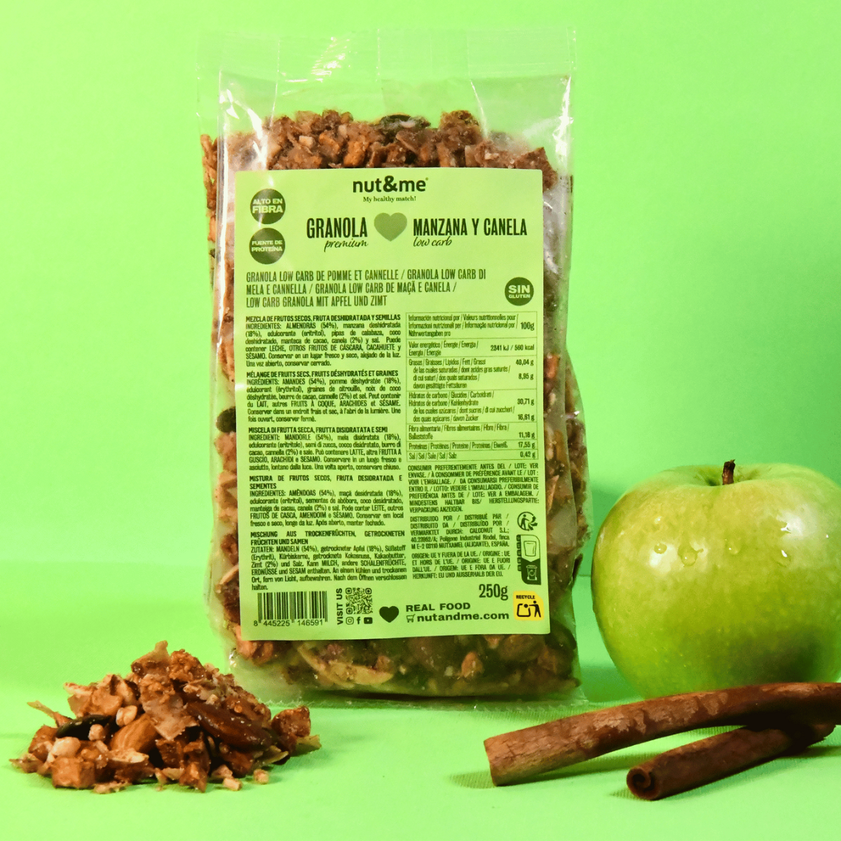 Granola de maçã e canela com baixo teor de hidratos de carbono 250 g Nut&amp;me