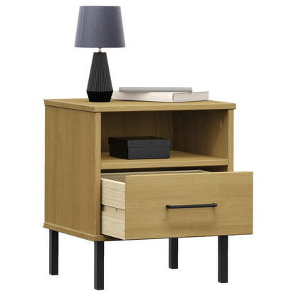 Mesita De Noche Patas De Metal Madera Maciza Pino Marrón Oslo_1