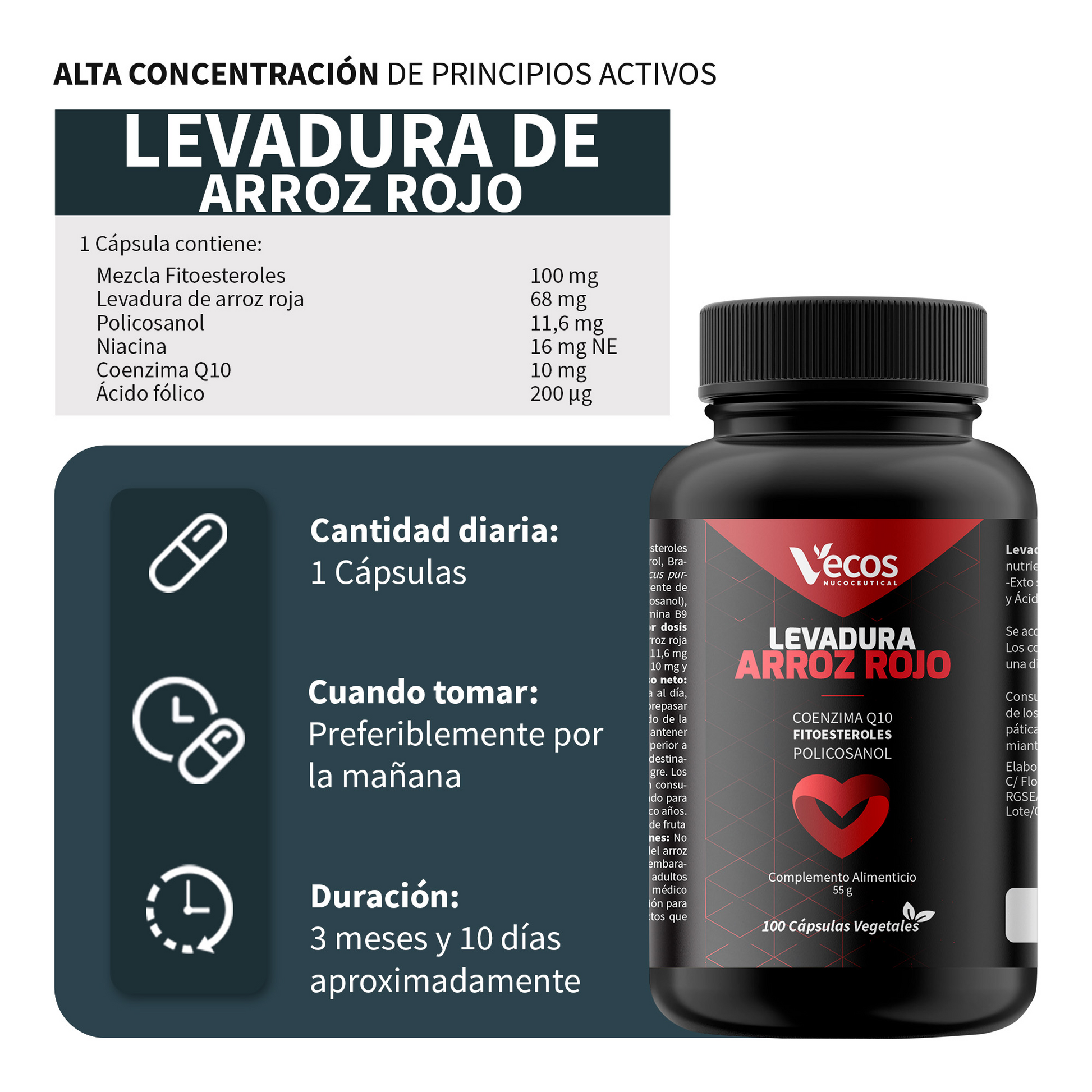 Levadura de Arroz Rojo + Q10 VECOS 100 cápsulas | Control de Colesterol y de Corazón | Con Fitoesteroles y Policosanol_2