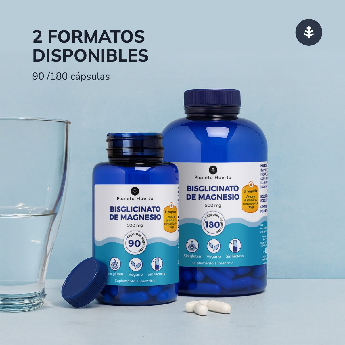 Embalagem 2xBisglicinato de Magnésio 500 mg Planeta Huerto 180 cápsulas