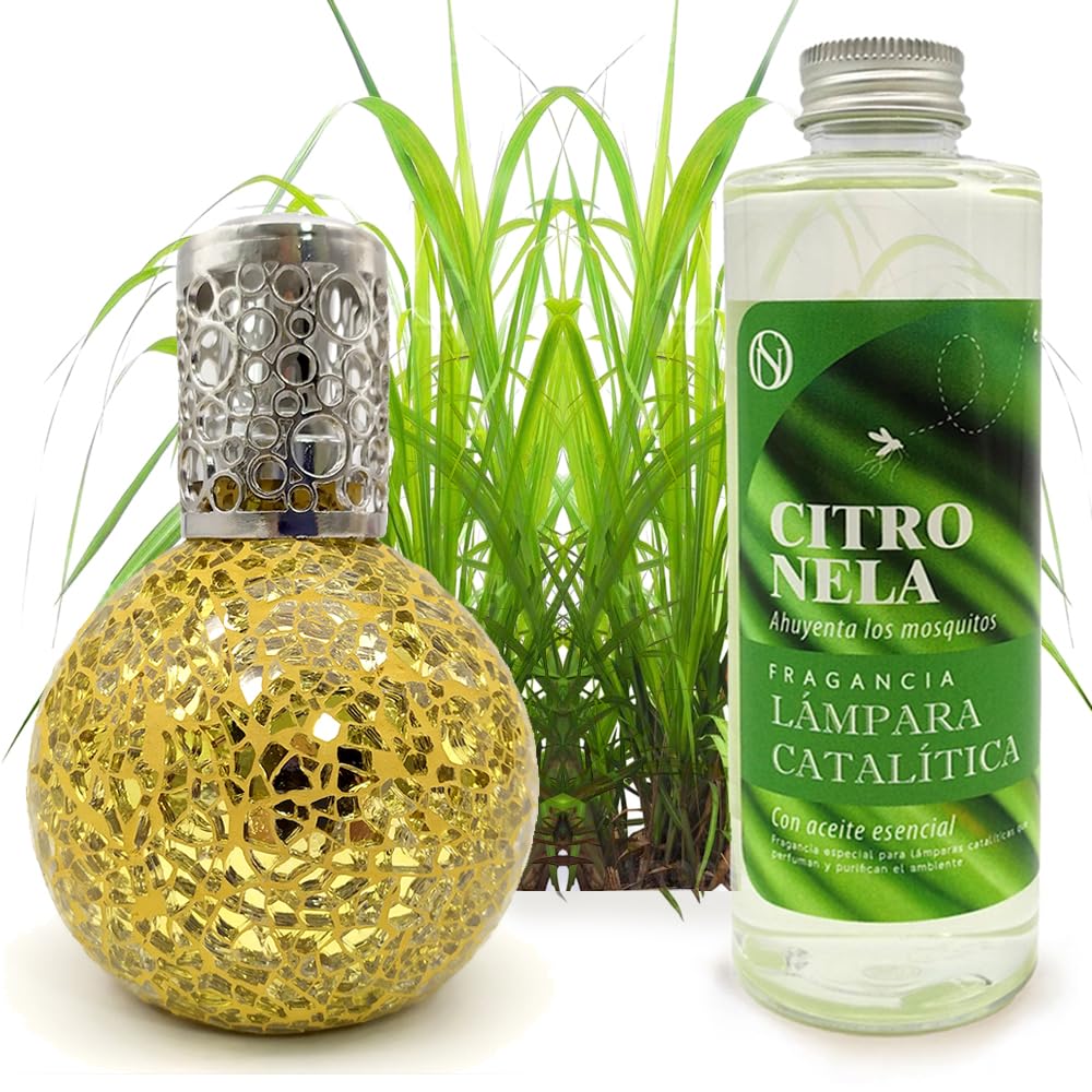 Lámpara Catalítica Mosaico Dorado + Aroma Citronela 200 Ml - Elimina Malos Olores, Impurezas Y Perfuma_0