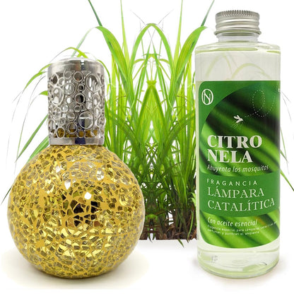 Lámpara Catalítica Mosaico Dorado + Aroma Citronela 200 Ml - Elimina Malos Olores, Impurezas Y Perfuma_0