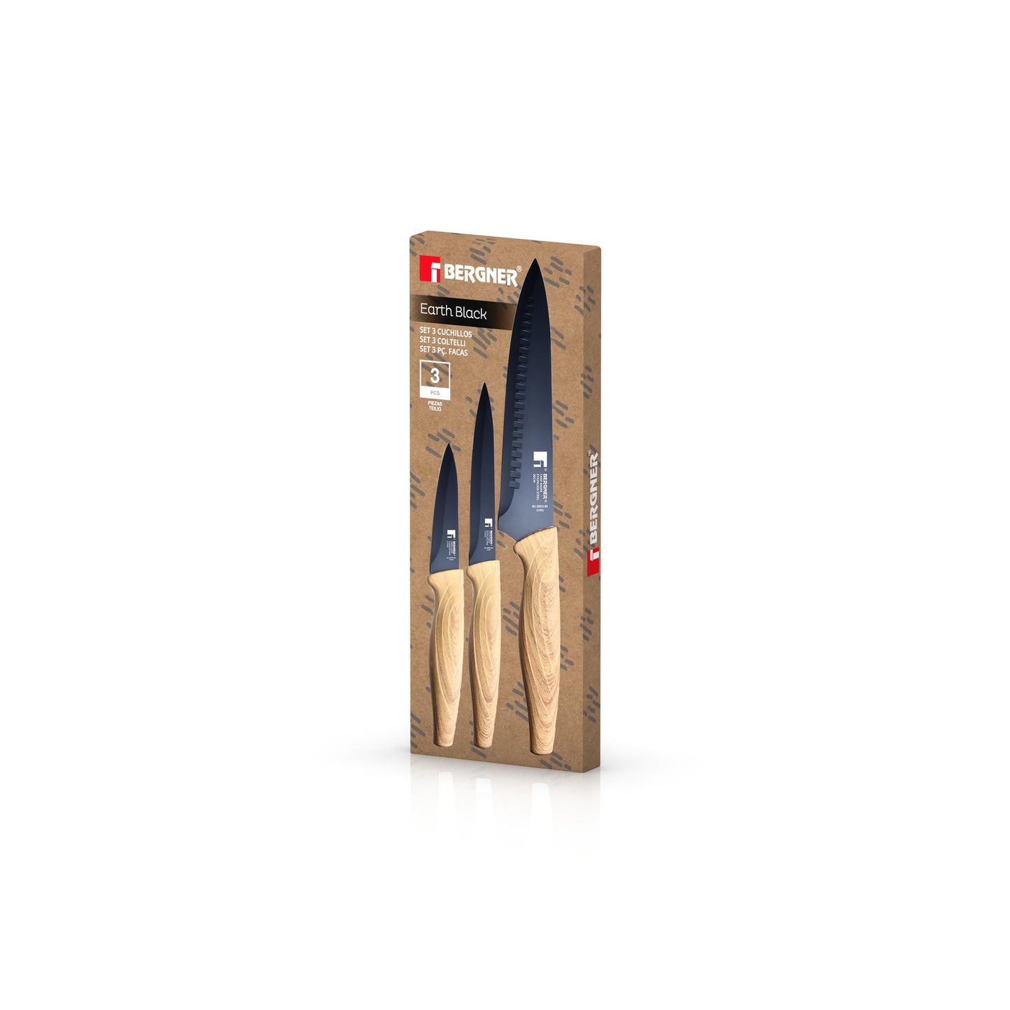 Trem de cozinha com 10 peças, 3 panelas com tampa + 1 frigideira + 3 facas, fabricado em alumínio prensado, BERGNER Earth compatível com todos os tipos de panelas