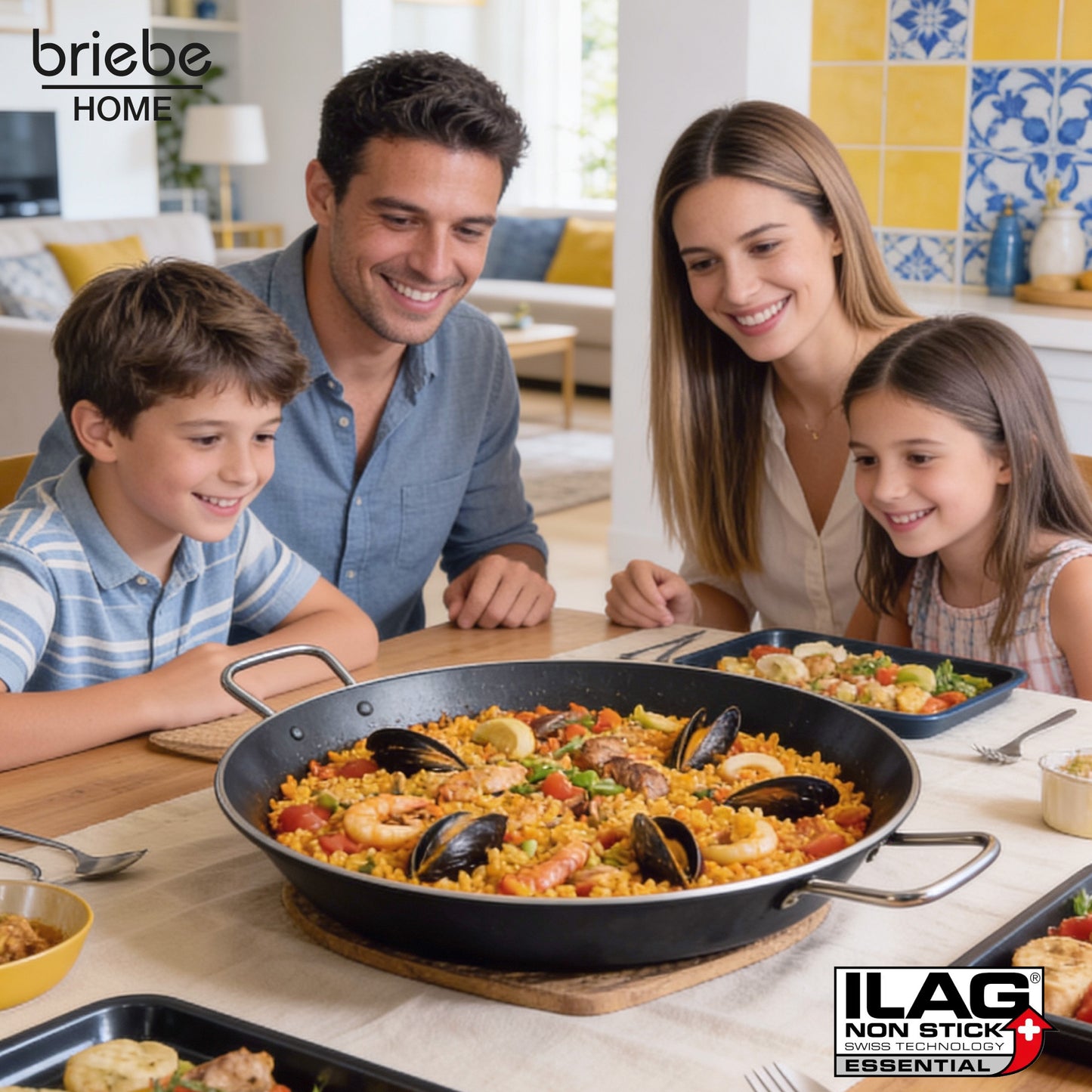 Briebe Paellera Inducción 42cm, 9-10 Raciones, Aluminio Prensado, Antiadherente Sin Pfoa, 3mm Espesor, Zafrán, Negro_1