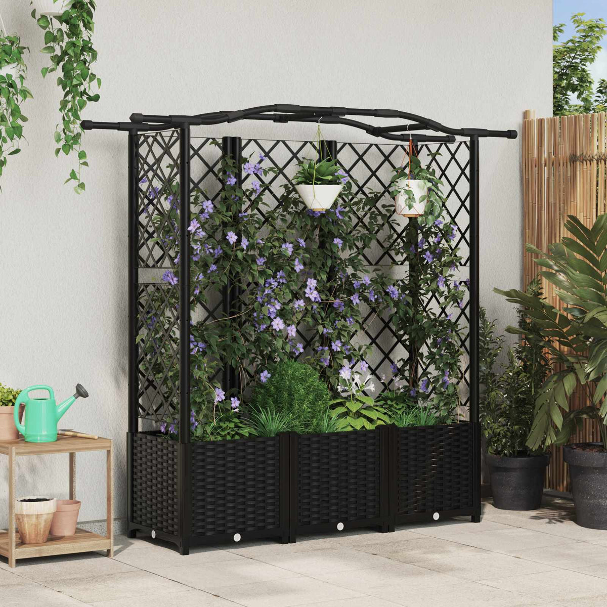 Cama Elevada Con Trellis Y Techo Negro 163 X 40 X 138 Cm Pp_1