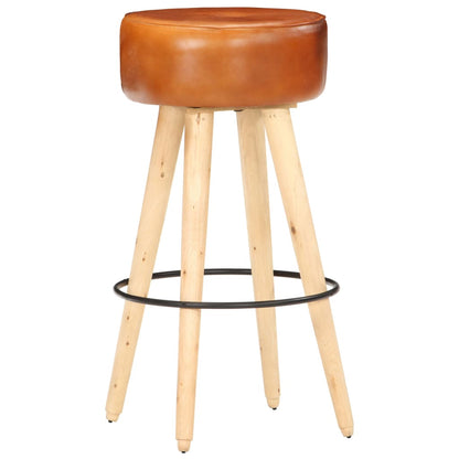 Taburetes De Cocina 2 Uds Madera Mango Rugosa Cuero Real Marrón_5
