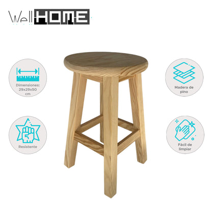 Well Home Taburete de Madera Maciza Redondo Color Natural (29 x 29 x 50 cm)_1
