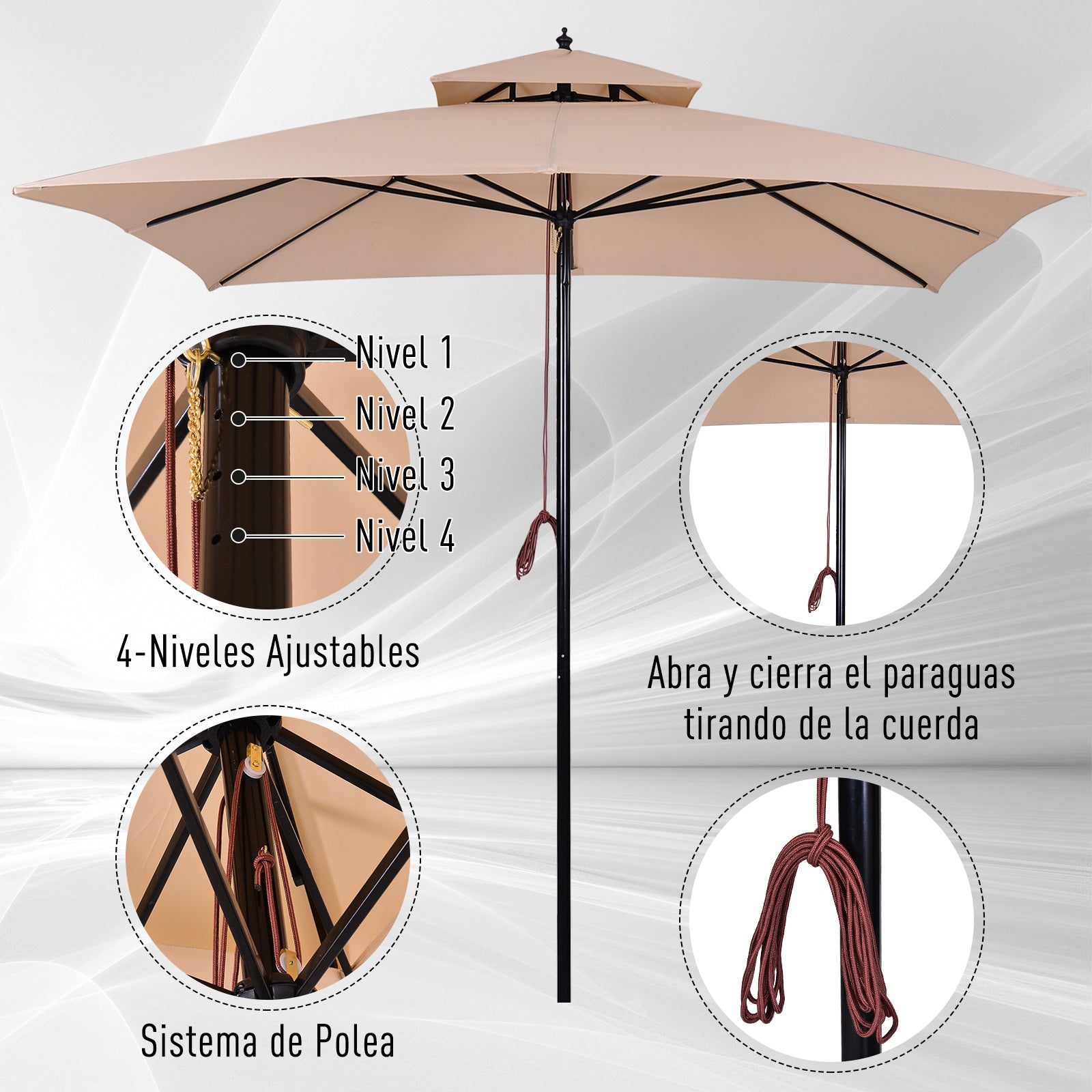 Outsunny Sombrilla De Jardín 3x3x3 M Con Doble Techo Impermeable Beige_5