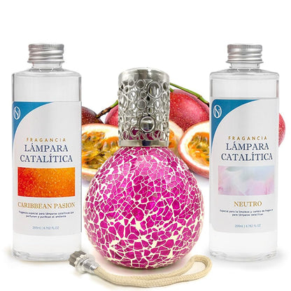 Pack Lámpara Catalítica Mosaico Fucsia + Fragancia Caribbean Passion 200ml + Limpiador Neutro 200ml + Mecha Repuesto_0