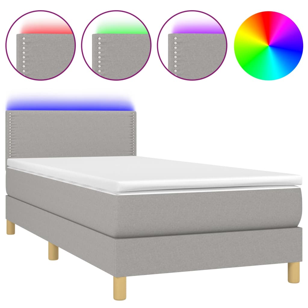 Cama Box Spring Colchón Y Luces Led Tela Gris Claro 90x200 Cm / Vetonek_2
