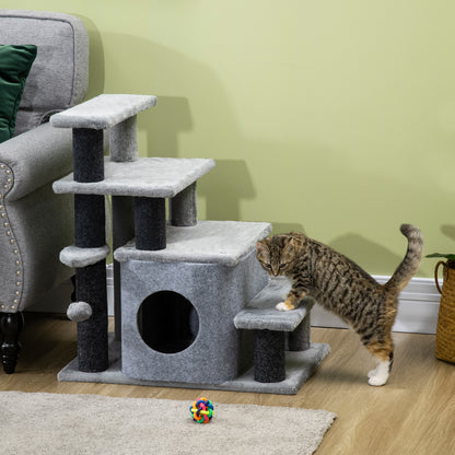 Pawhut Escalera Para Gatos 4 Peldaños Altura Ajustable Caseta Bola 60x40x66 Cm_1