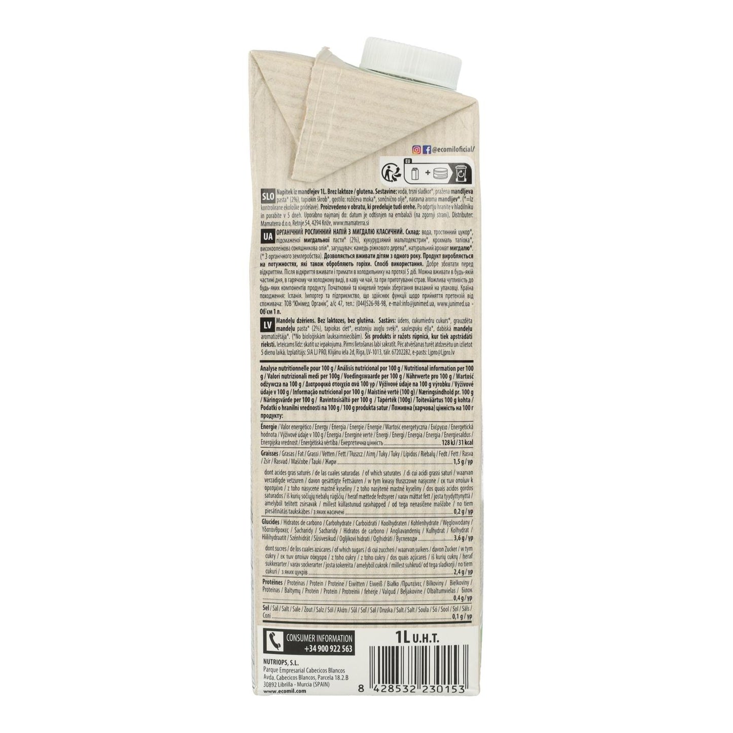 Bebida à base de plantas EcoMil Classic Bio Almond 1 L