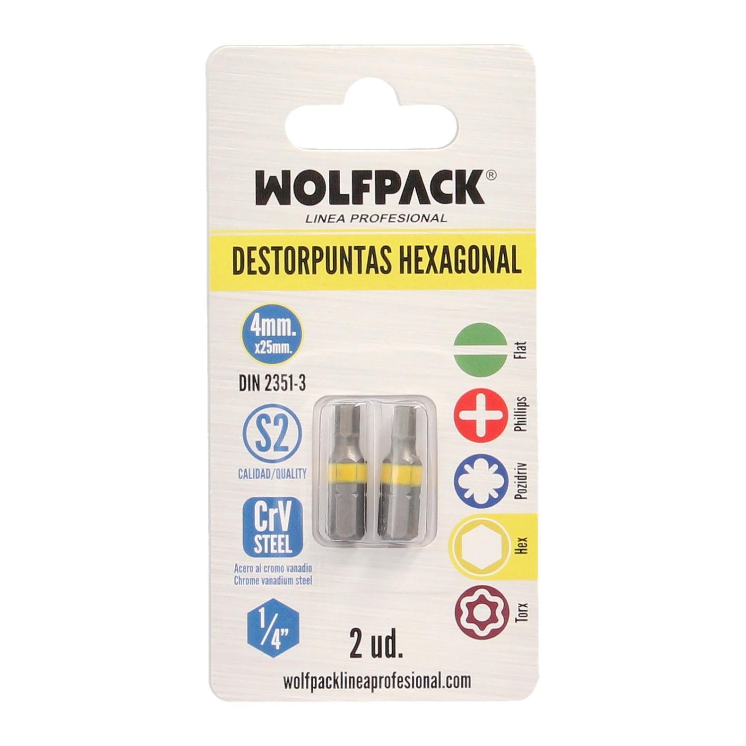 Puntas Destornillador Hexagonal 4,0 Mm. (2 Piezas). Acero S2 Al Cromo Vanadio. Puntas Hexagonales, Destorpuntas,
