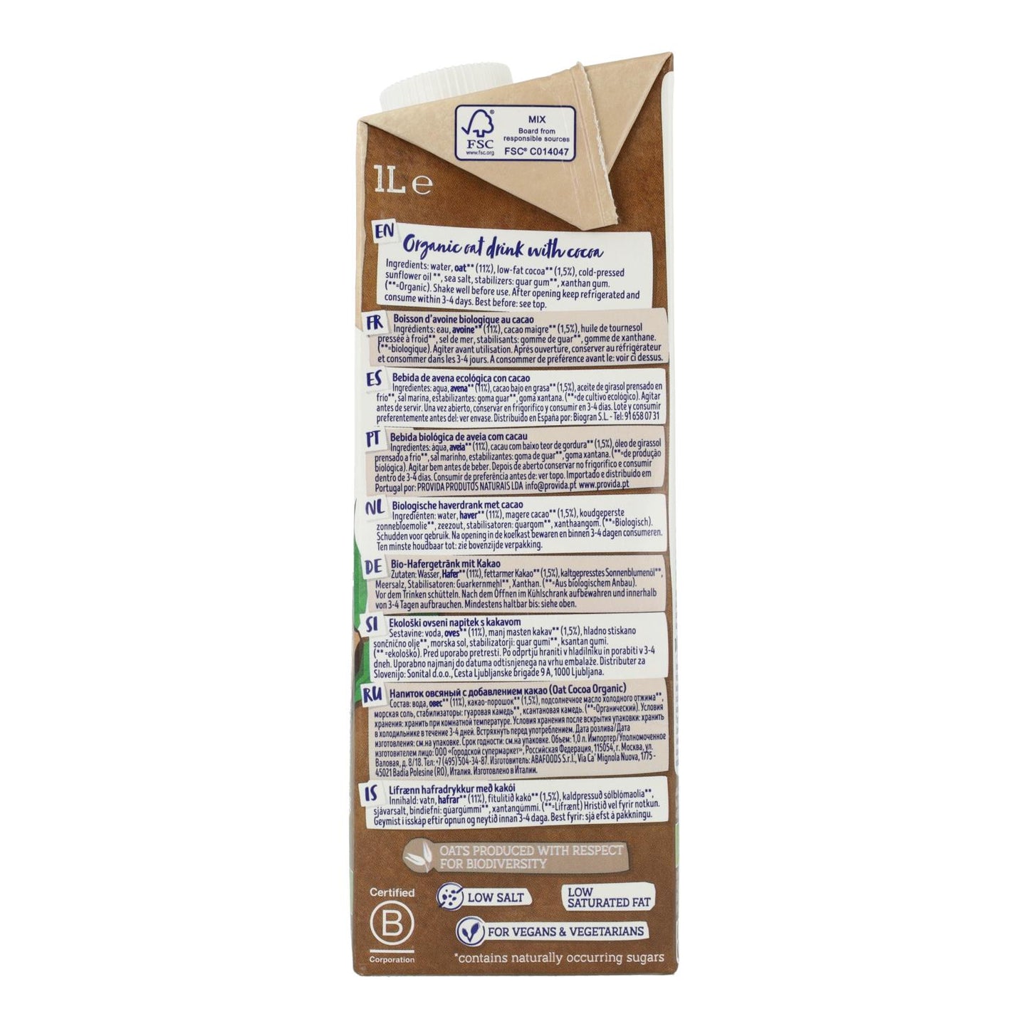 Bebida biológica de aveia e cacau sem adição de açúcar Isola Bio 1 L