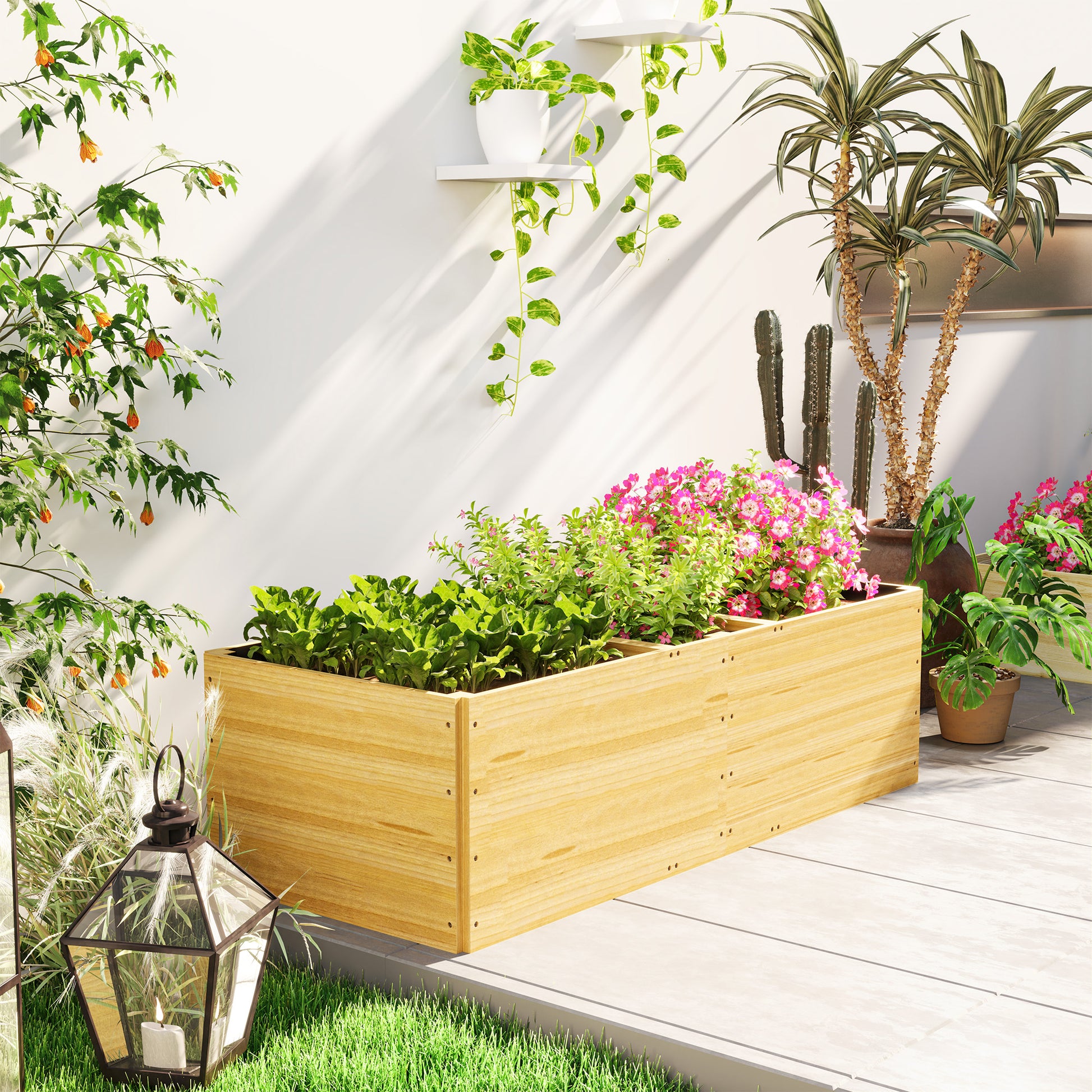 Outsunny Jardinera De Madera Con 3 Zonas De Cultivo 140x60x40 Cm Natural_3