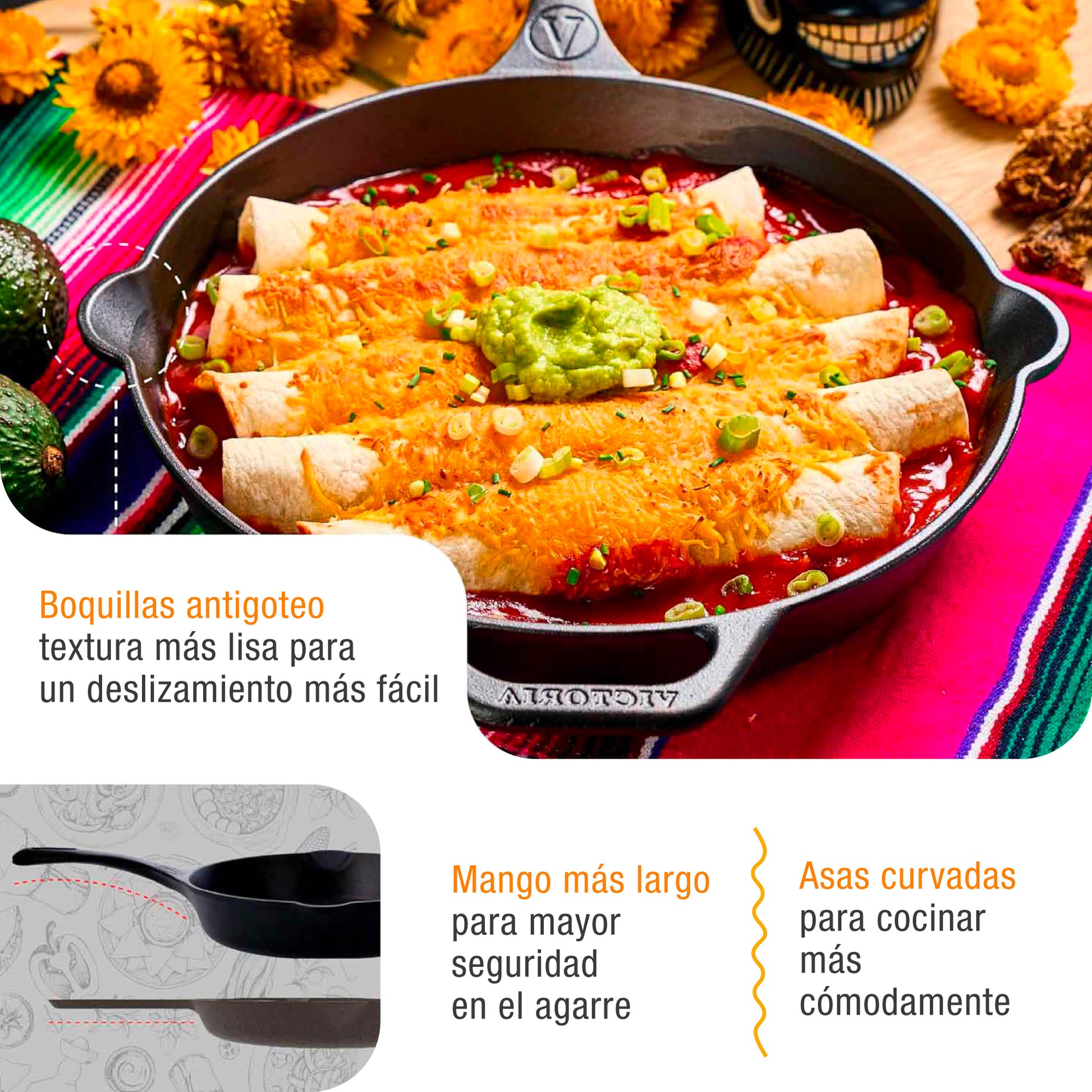Victoria Sartén Hierro Fundido Esmaltado Diseño Catrina Inducción 25cm Apta Fuego, Horno Cast Iron Skillet, Catrina_3
