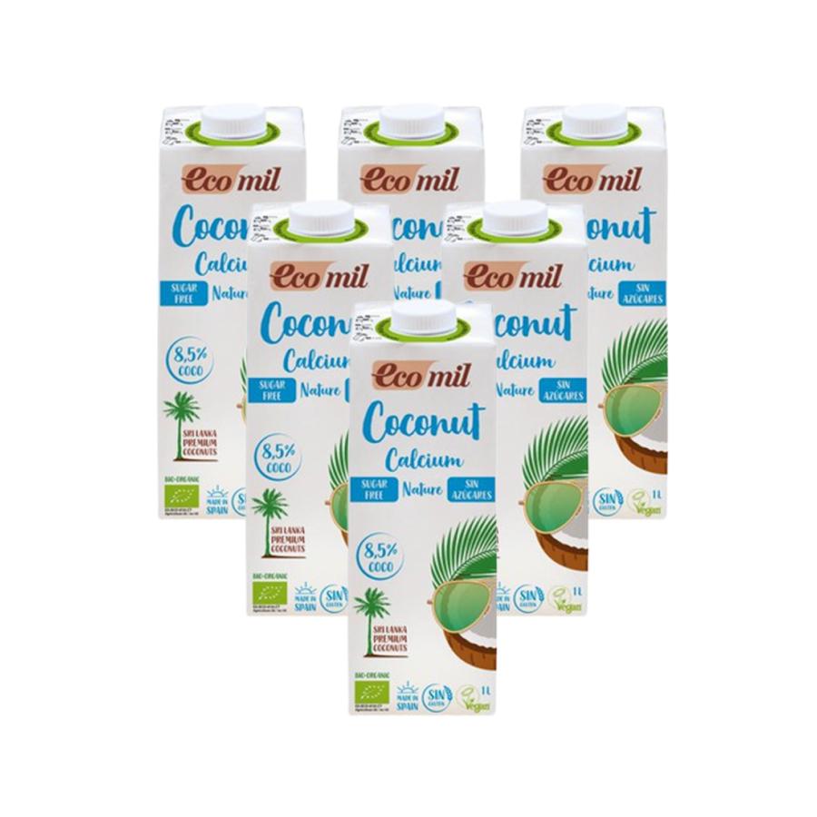 Embalagem de 6 bebidas de coco com cálcio sem açúcar Ecomil 1L 