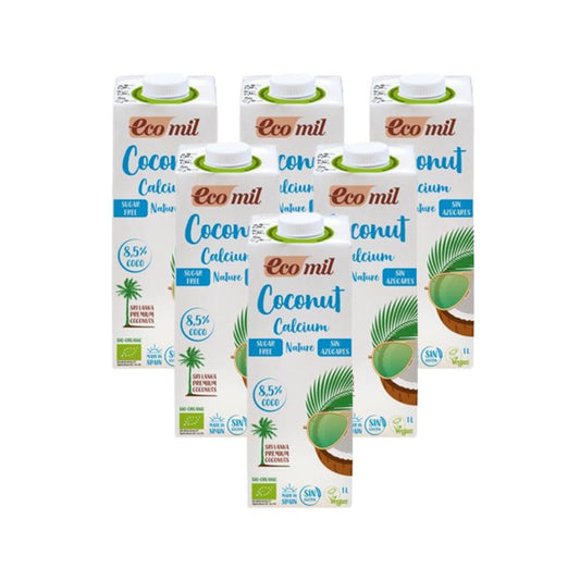 Embalagem de 6 bebidas de coco com cálcio sem açúcar Ecomil 1L 