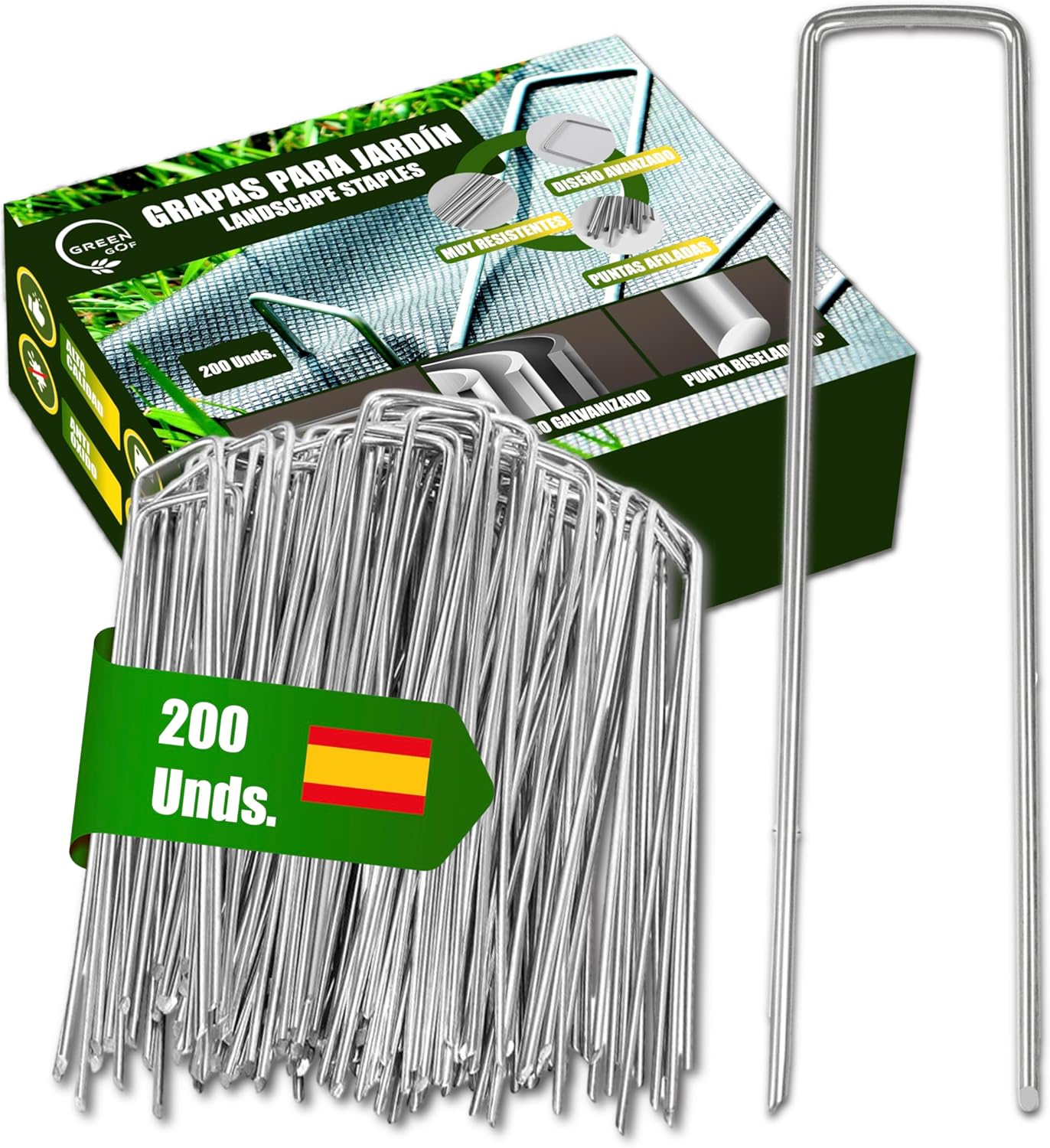 GREEN GOF Grapas Para Malla Antihierba, Cesped Artificial Y Jardin, 200unds. Acero Galvanizado, 15x4cm, Ø3mm._0