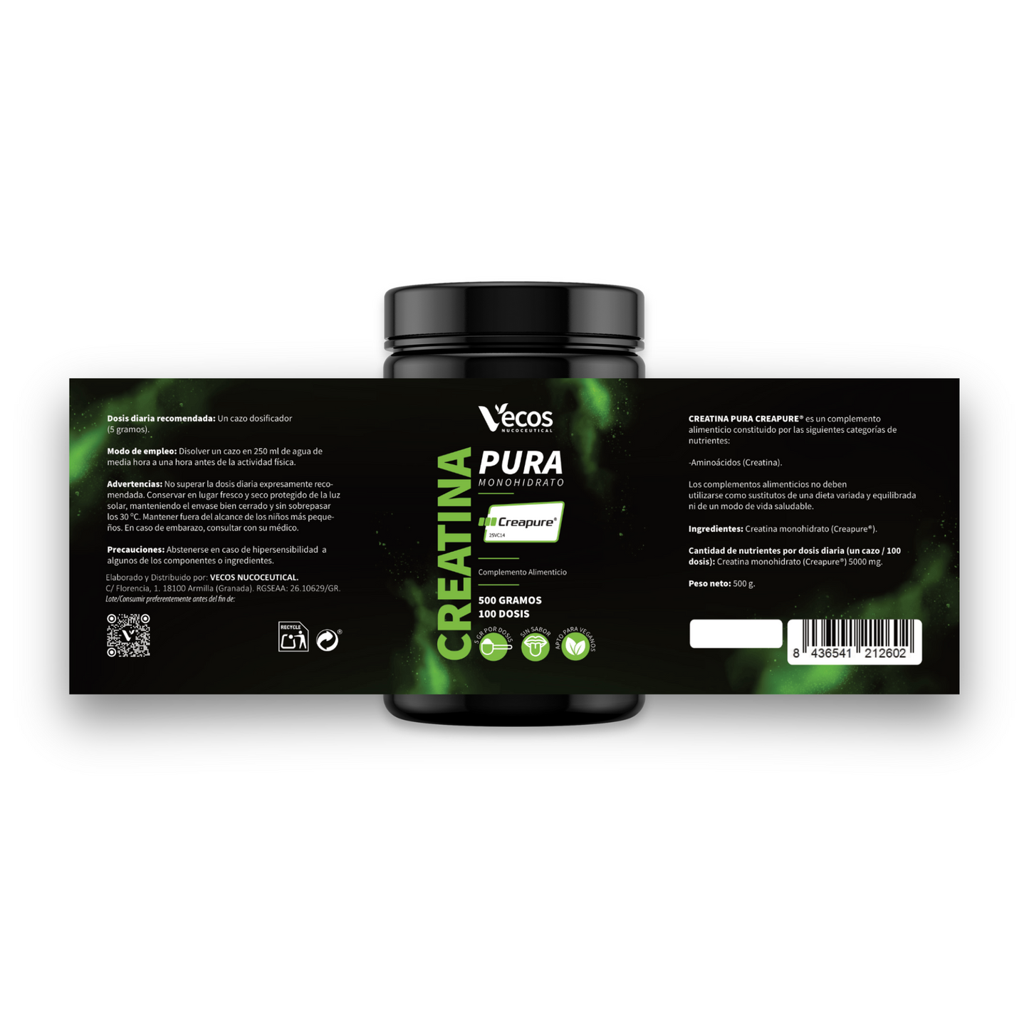 Creatina Monohidrato Creapure® Vecos 500 G | Fuerza, Potencia Y Rendimiento | 5000 Mg De Alta Pureza Por Dosis_4