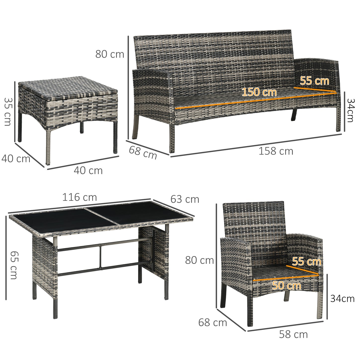 Outsunny Conjunto De Muebles De Jardín De Ratán Juego De 6 Piezas Gris_2