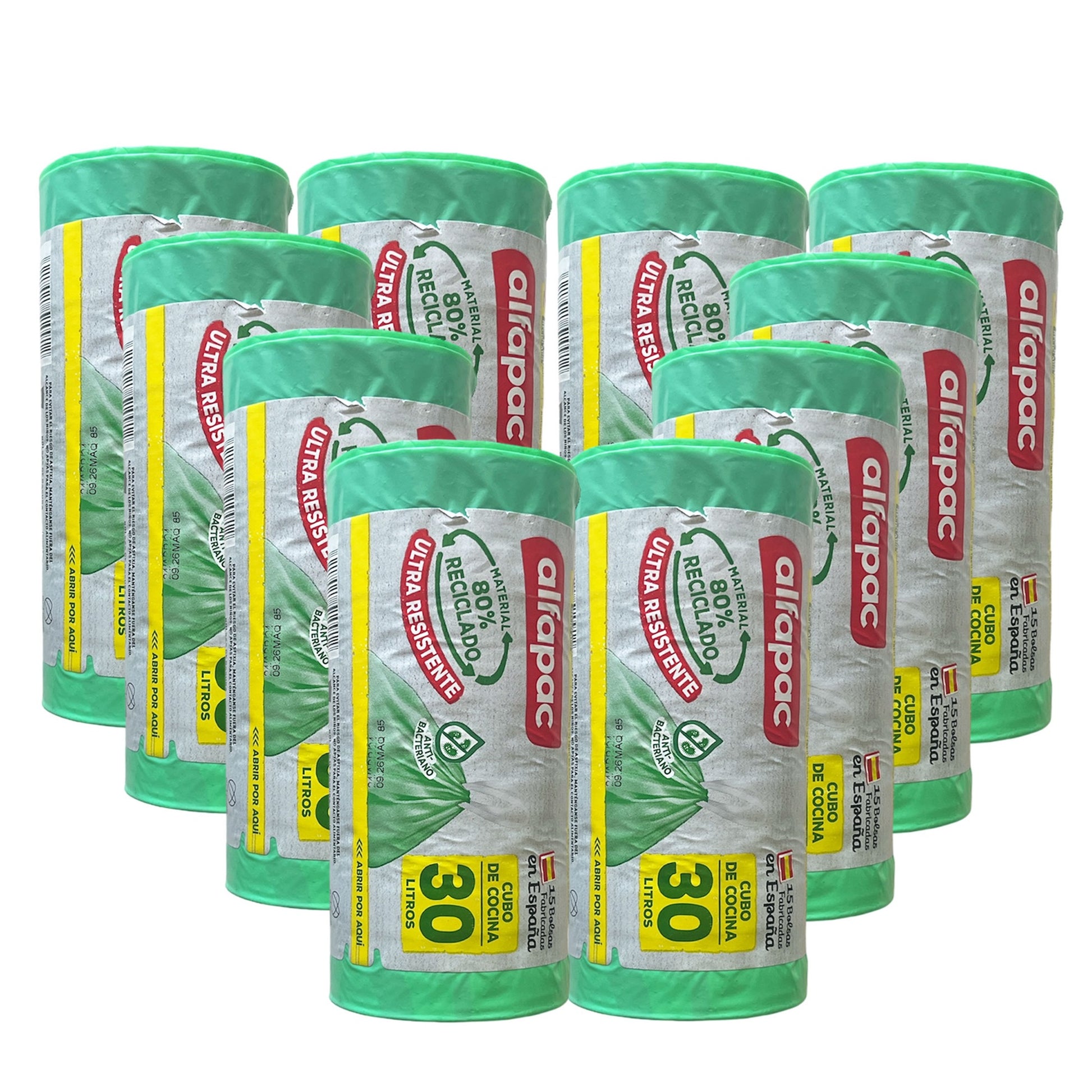 80% Reciclado 10 Rollos De 15 Bolsas De Basura 'antibacterias' 30l Con Autocierre